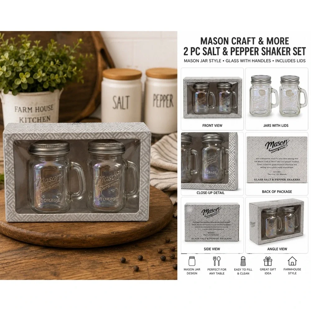 3X Mason Craft & More Glass Salt & Pepper Shakers Mason Jar w/ Handles 2 Pc Set